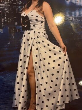 Women's White Polka Dot Prom Dress with Black Dots
